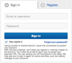Screenshot of eBay's tabbed interface for sign-in or register 